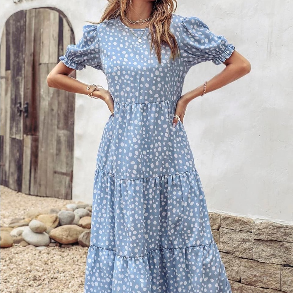 LIKE NEW Blue Polka Dot Smocked Top Dress